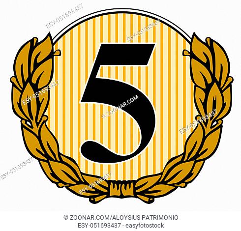 Illustration of the number 5 set inside a circle with laurel leaves isolated on white background done in retro style