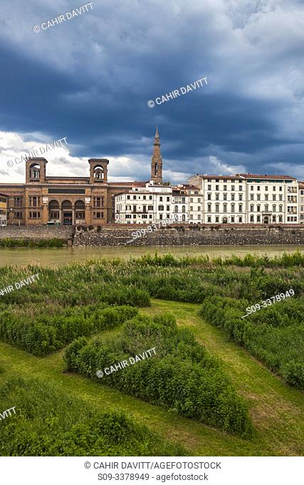 The Terzo Giardino overlooking the River Arno, looking towards the Central National Library of Florence (Biblioteca Nazionale Centrale di Firenze, San Nicola
