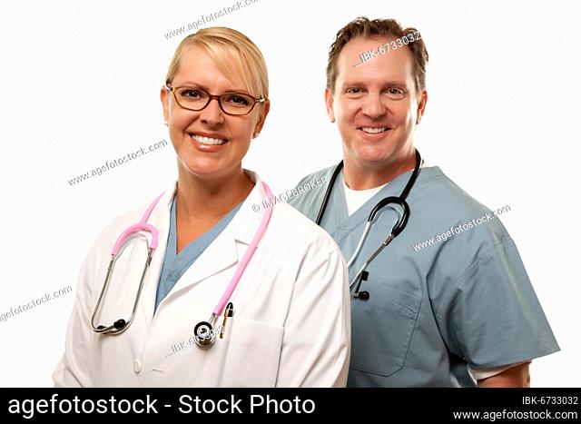 Friendly male and female doctors isolated on a white background