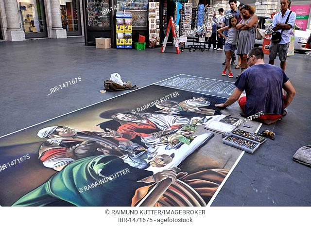Street painter painting the Supper at Emmaus by Caravaggio, Via del Corso, Rome, Lazio, Italy, Europe