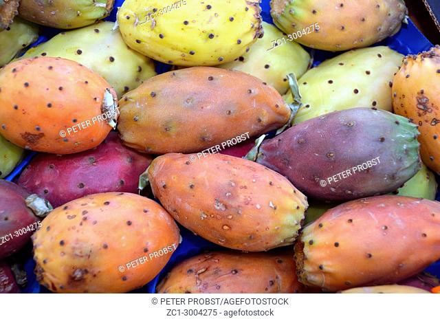Fruits of the prickly pear cactus on the Fruit market of the Bolzano in South Tyrol
