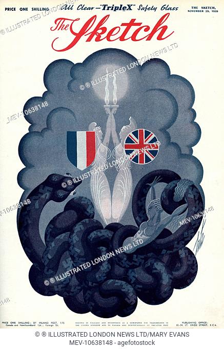 Front cover of The Sketch, November 1939. France and Britain standing together as allies, at the bottom is a python snake with Swastika sticker sysbols