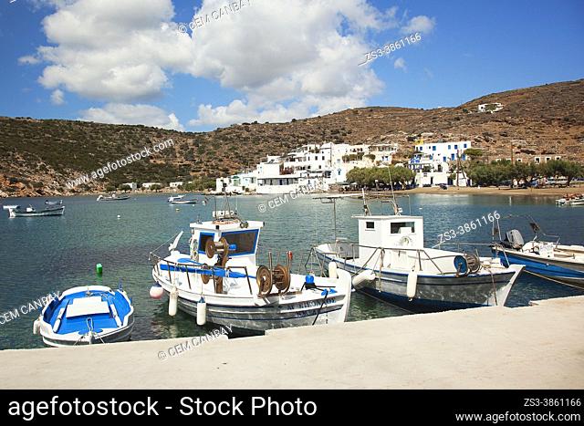 Traditional fishing boats at the small port of Faros village, Sifnos Island, Cyclades Islands, Greek Islands, Greece, Europe