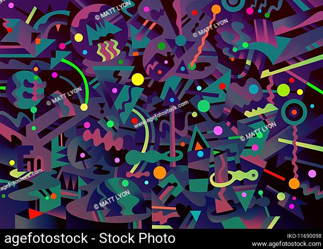 Brightly coloured shapes against dark abstract background