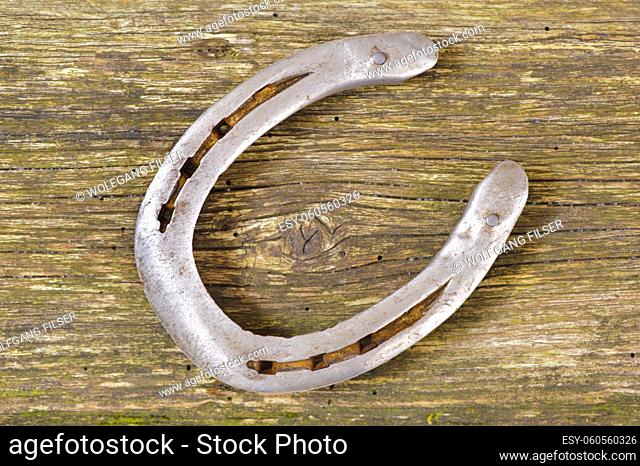old horseshoe laying on wooden plank