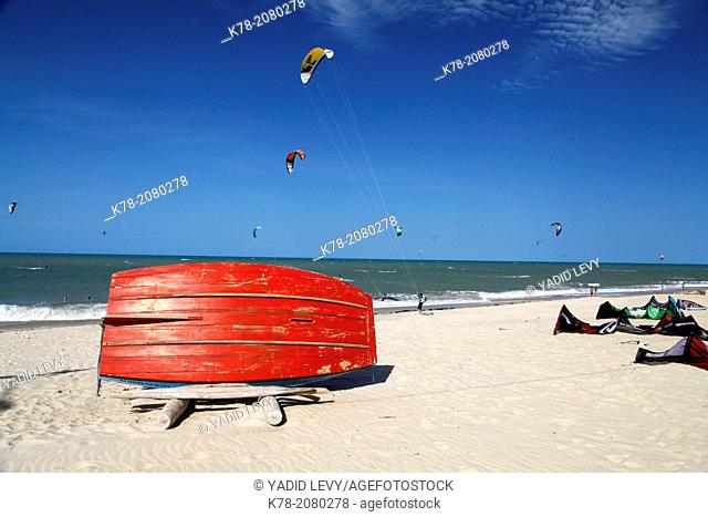 Kite surfers and view over the beach in Cumbuco, Fortaleza district, Brazil
