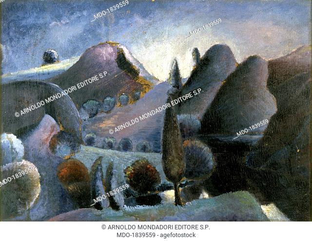 Purple Landscape (Paesaggio viola), by Carlo Cuppini, 1938, 20th Century, oil on canvas. Private collection. Whole artwork view