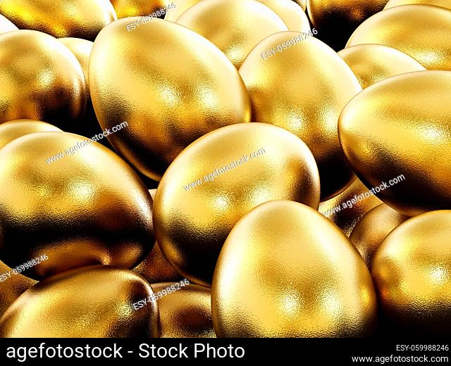 Stack of shiny golden eggs. 3D illustration