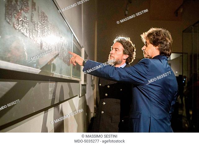 TV host Alberto Angela and actor Alessio Boni in the backstage of TV show Stanotte al Museo Egizio. Turin, Italy. 24th April 2015