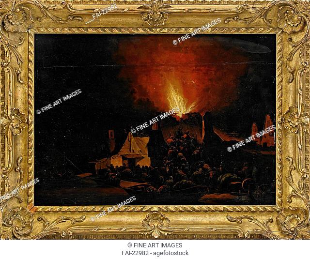 Nightfire. Vosmaer, Daniel (1622-1669. 70). Oil on wood. Baroque. 1660. Holland. Private Collection. 33x46. Landscape, Genre. Painting