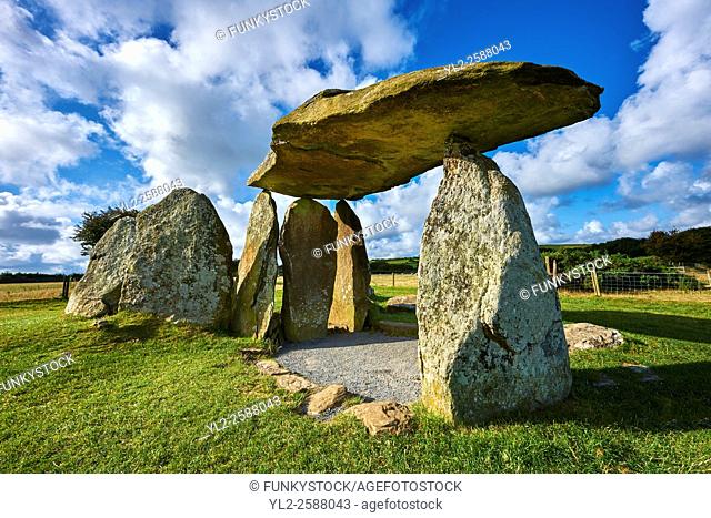 Pentre Ifan a Neolithic megalitic stone burial chamber dolmen built about 3500 BC in the parish of Nevern, Pembrokeshire, Wales