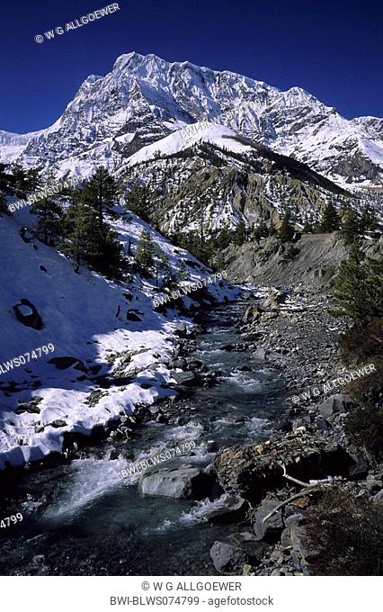Annapurna III and glacier creek, Nepal, Annapurna