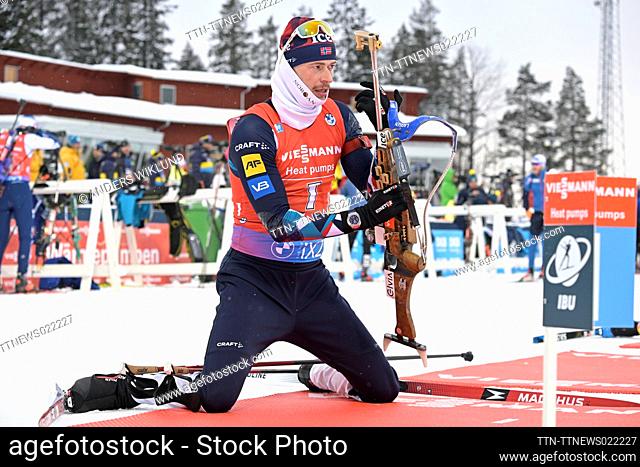 Sturla Holm Laegreid of Norway in action during the warm up before the Single Mixed Relay event of the IBU World Cup Biathlon in Ostersund, Sweden, on Nov