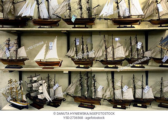 factory of handmade scale model wooden ships in Curepipe, display of products, Mauritius, Africa