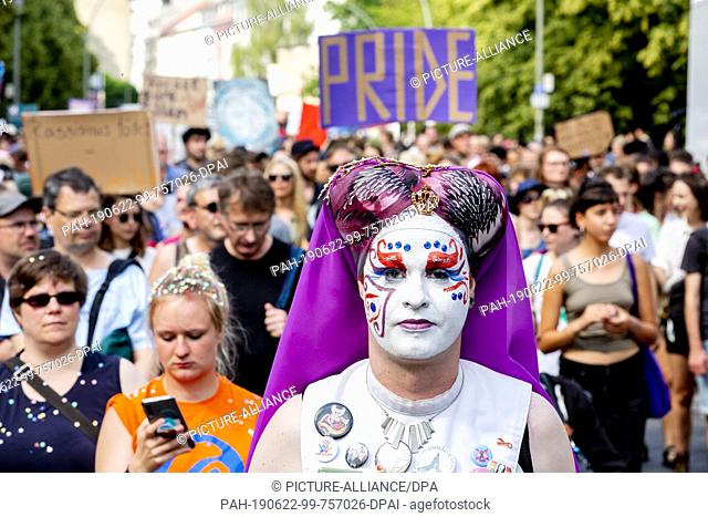 22 June 2019, Berlin: Sister Pia Pi Gravis Metallum takes part in the Pride Parade 2019. The participants protest against discrimination and want to celebrate...