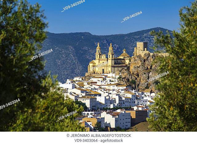 White village of Olvera, Moorish castle & Church of Our Lady of the Incarnation. Pueblos Blancos de la Sierra de Cadiz. Southern Andalusia, Spain