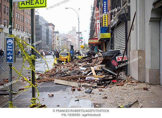 Debris from the collapse of a facade of a building in Chelsea torn off during Hurricane Sandy Hurricane Sandy roared into New York disrupting the transit system...