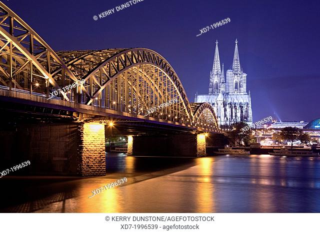 Cologne Cathedral with River Rhine and Hohenzollern Brucke (Bridge), Cologne, Rhine-Westphalia, Germany