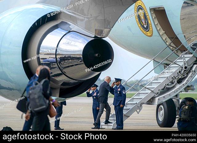 United States President Joe Biden boards Air Force One en route to Grand Canyon Village, Arizona at Joint Base Andrews in Camp Springs, Maryland on Monday