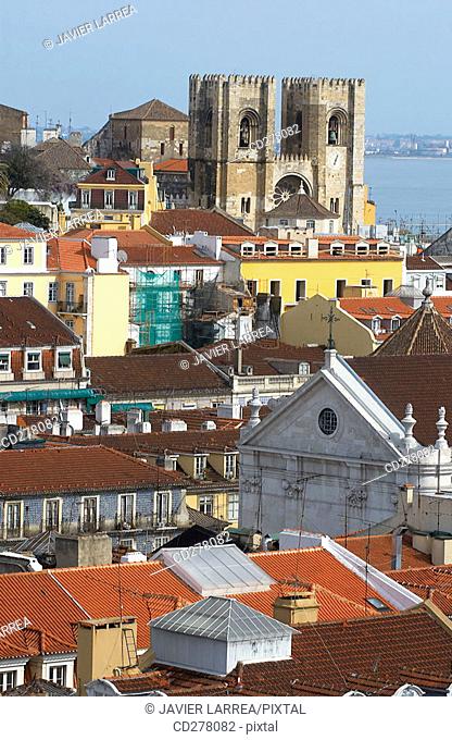 Sé cathedral and Tejo river, Lisbon. Portugal