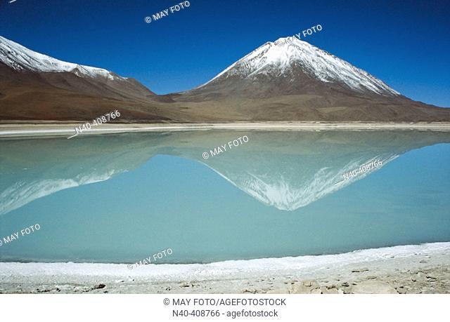Licancabur Volcano and Esmeralda lagoon. Bolivian Plateau