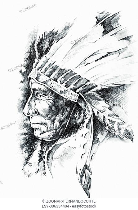 Sketch of tattoo art, native american indian head, chief, isolated