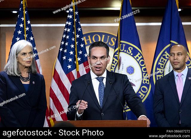 United States Representative Pete Aguilar (Democrat of California), center, is joined by House Democratic Caucus Chair United States Representative Hakeem...