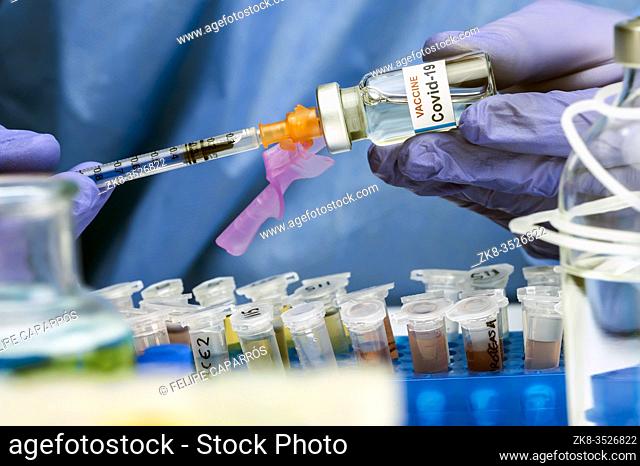 Nurse drawing with a syringe Coronavirus covid-19 experimental vaccine in a hospital, conceptual image