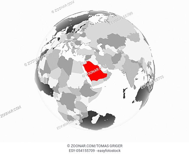 Saudi Arabia highlighted in red on grey political globe with transparent oceans. 3D illustration isolated on white background
