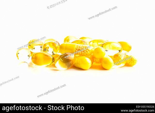 Vitamin capsules. Vitamin C and omega 3 pills isolated on white background