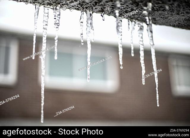 Icicles in front of houses, Eindhoven, The Netherlands, Europe