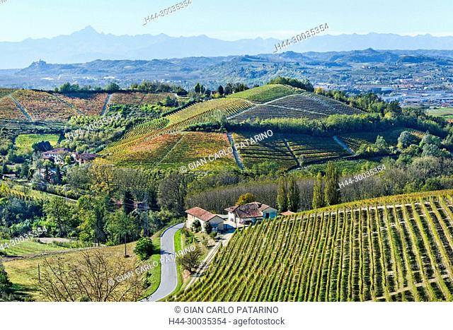 Italy, panorama of vineyards of Piedmont Langhe-Roero and Monferrato on the World Heritage List UNESCO. Landscape in autumn near Barbaresco Italy, Piedmont