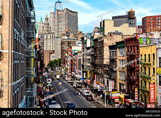 New York City / USA - JUL 31 2018: Skyscrapers and apartment buildings in Chinatown in Lower Manhattan