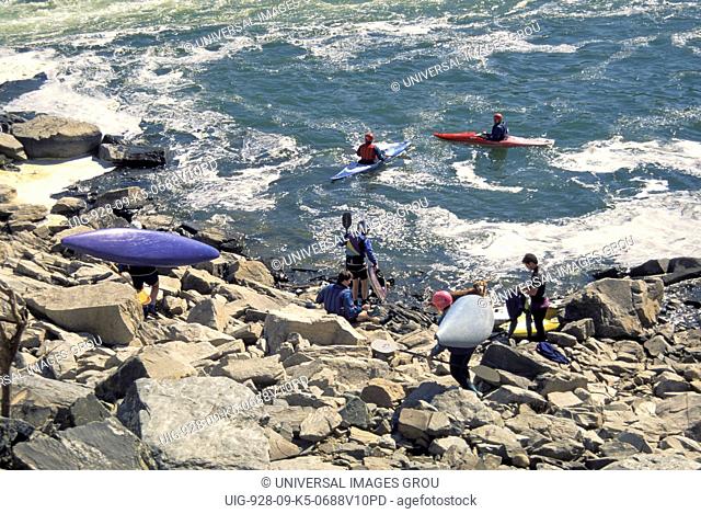 Virginia, Great Falls, Potomac River. Kayakers Preparing For Trip