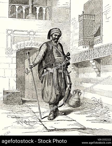 Mohamed Selim, Kawas official of the Austrian consulate in Cairo, Egypt. Old 19th century engraved illustration, El Mundo Ilustrado 1880