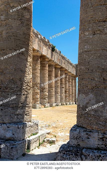 Interior view of the 5th century BC Doric temple at Segesta, western Sicily, Italy