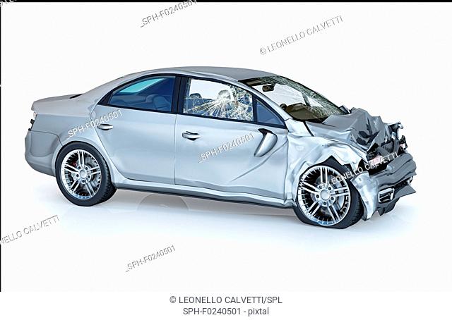 Single car crashed. Silver sedan heavily damaged on the front part. Isolated on white background. Perspective view