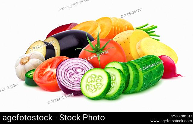 Mix of different vegetables isolated on white background, pile of fresh and healthy food with clipping path, detox diet