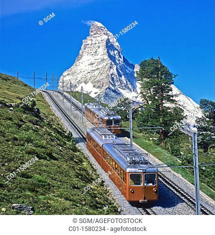 Gornergratbahn rack railway train and the Matterhorn, Zermatt, canton Valais, Switzerland