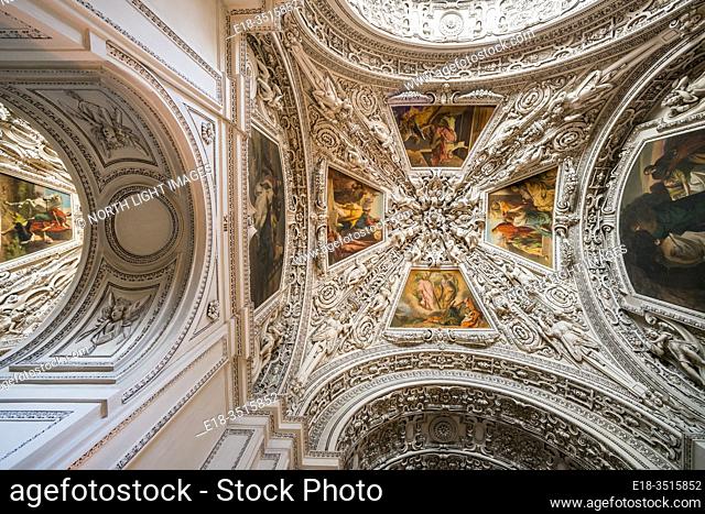 Austria, Salzburg, Salzburg Cathedral. Looking up to the ceiling inside the baroque style cathedral