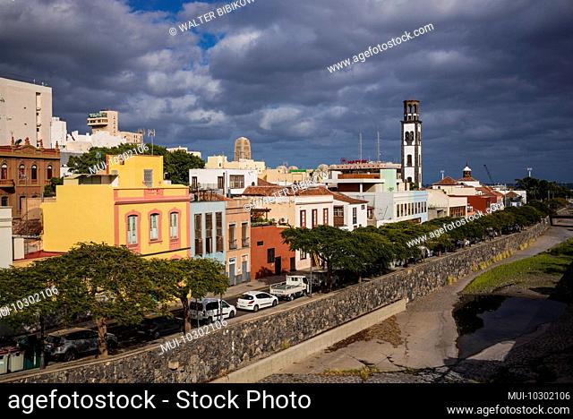 Spain, Canary Islands, Tenerife Island, Santa Cruz de Tenerife, elevated view of the Old Town
