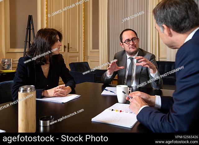 New State Secretary for Budget Alexia Bertrand, Justice Minister Vincent Van Quickenborne and Prime Minister Alexander De Croo pictured during a meeting between...