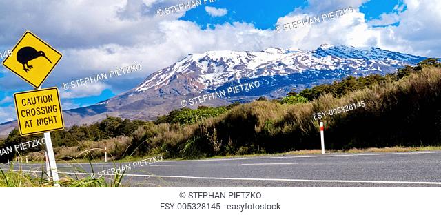 Kiwi Crossing road sign and volcano Ruapehu, NZ
