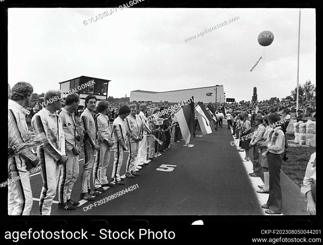 ***SEPTEMBER 7, 1980 FILE PHOTO***Ceremonial line-up of racers (at left is team of West Germany) during the European Kart Racing Championship in Olomouc