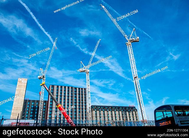 Manchester, United Kingdom - July 25, 2018: Extensive construction works in the city centre of Manchester. Greater Manchester is experiencing a building boom of...