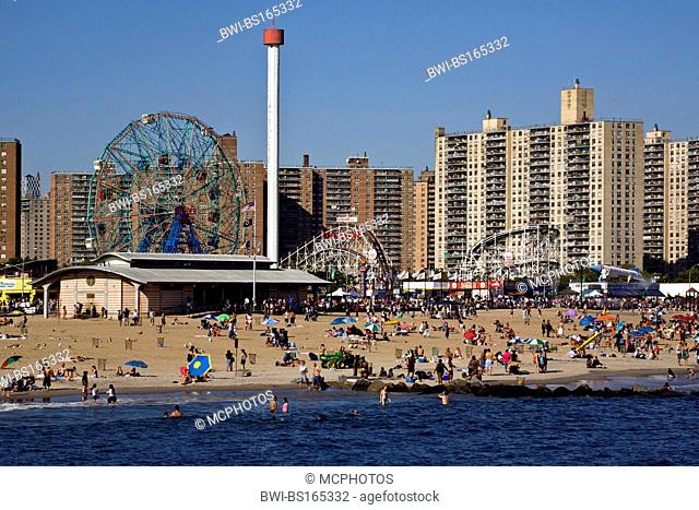 View from the pier on the amusement park and low income housing developments in CONEY ISLAND, USA, New York City