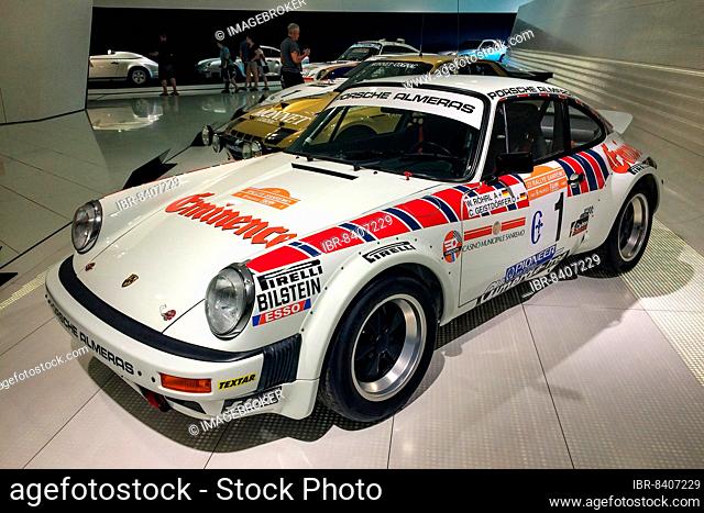 Historic racing car Porsche 911 for Rally Group 4 by Almeras Freres for Rally San Remo 1981 by driver Rally World Champion Walter Röhrl, Porsche Museum
