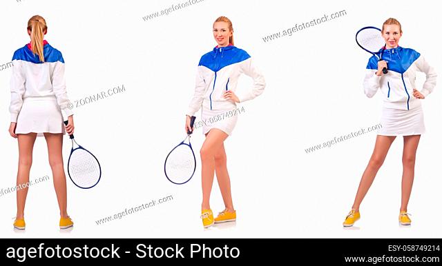 Young beautiful lady playing tennis isolated on white