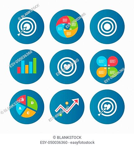 Business pie chart. Growth curve. Presentation buttons. Target aim icons. Darts board with heart and arrow signs symbols. Data analysis. Vector