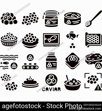 Caviar Seafood Product Glyph Set Vector Thin Line. Fish Eggs, Caviar In Metallic Container, On Sandwich With Butter And Spoon Glyph Pictograms Black...